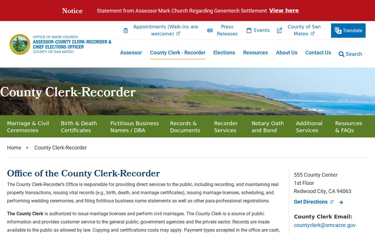 San Mateo residents directory ACRE county clerk recorder services