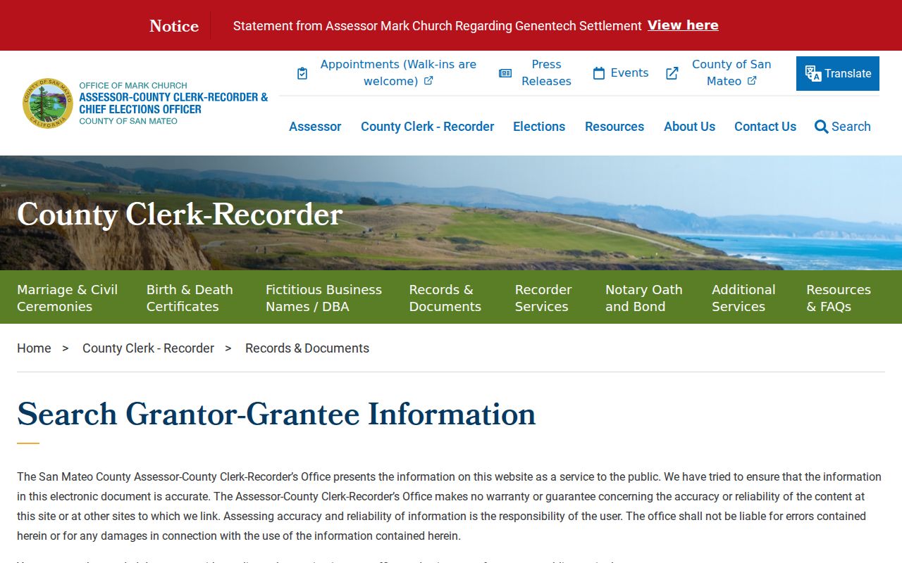 San Mateo previous residents grantor-grantee index