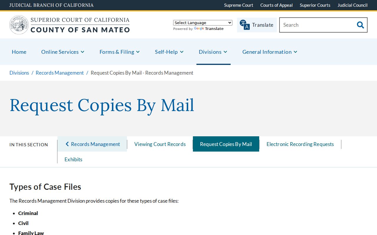 San Mateo resident lookup through Superior Court records by mail