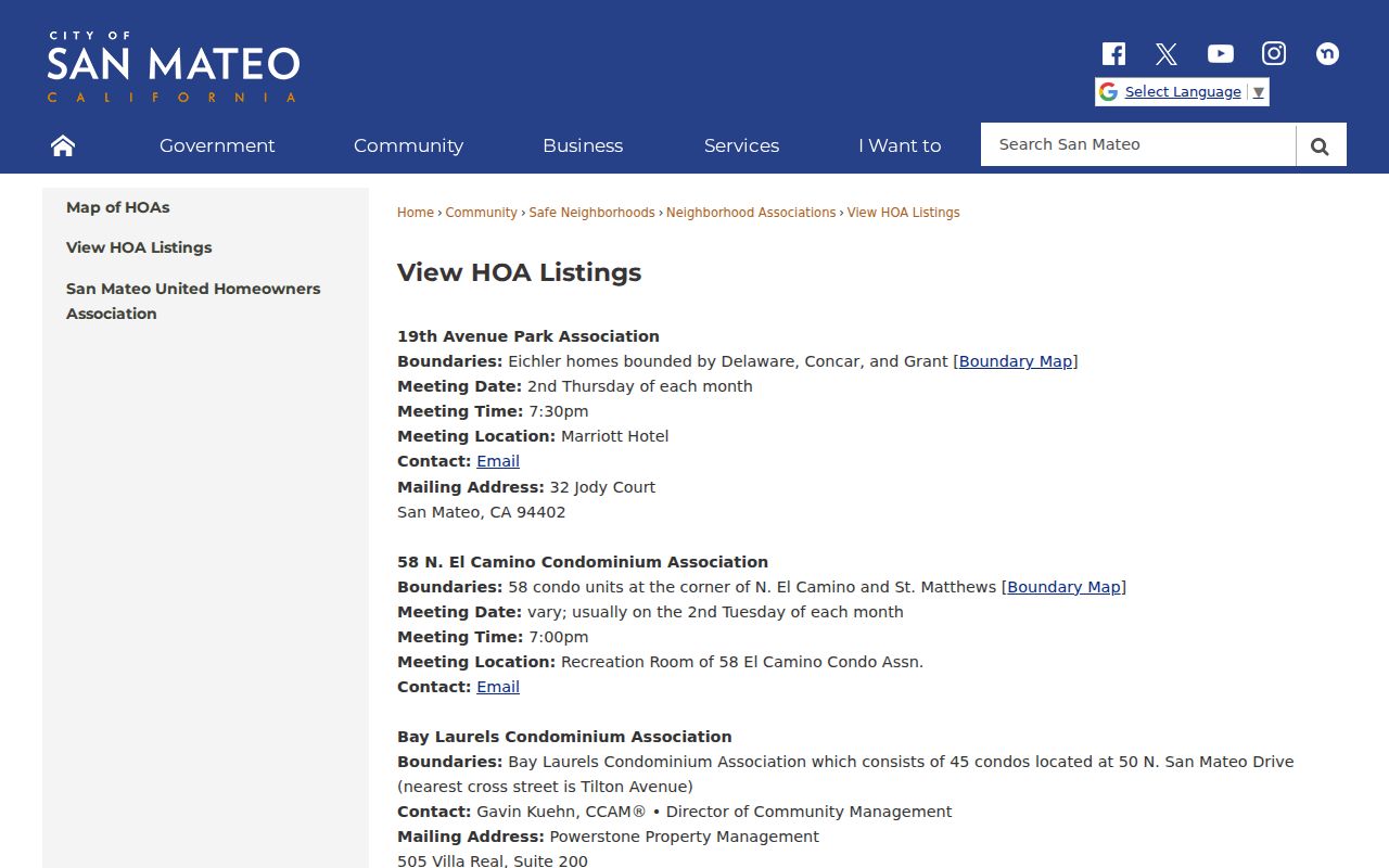 San Mateo ZIP code directory homeowner association listings